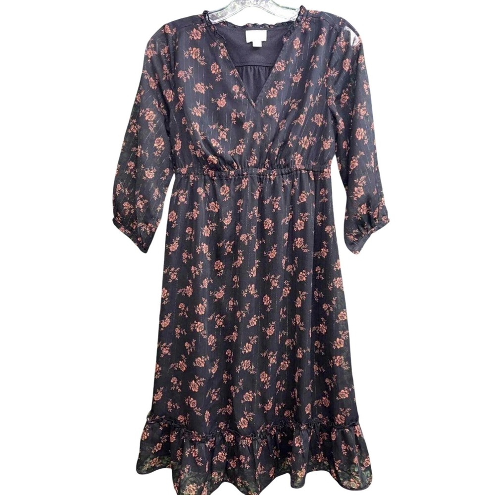 Maternity Isabel by Ingrid & Isabel Black Floral Sheer‎ Midi Dress Size M
